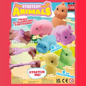 Bunte STRETCHY ANIMALS Figuren wie Schwein, Pinguin, Huhn und Kuh – dehnbare Spielfiguren zum Sammeln in 65-mm-Kapseln, ideal für Verkaufsautomaten.